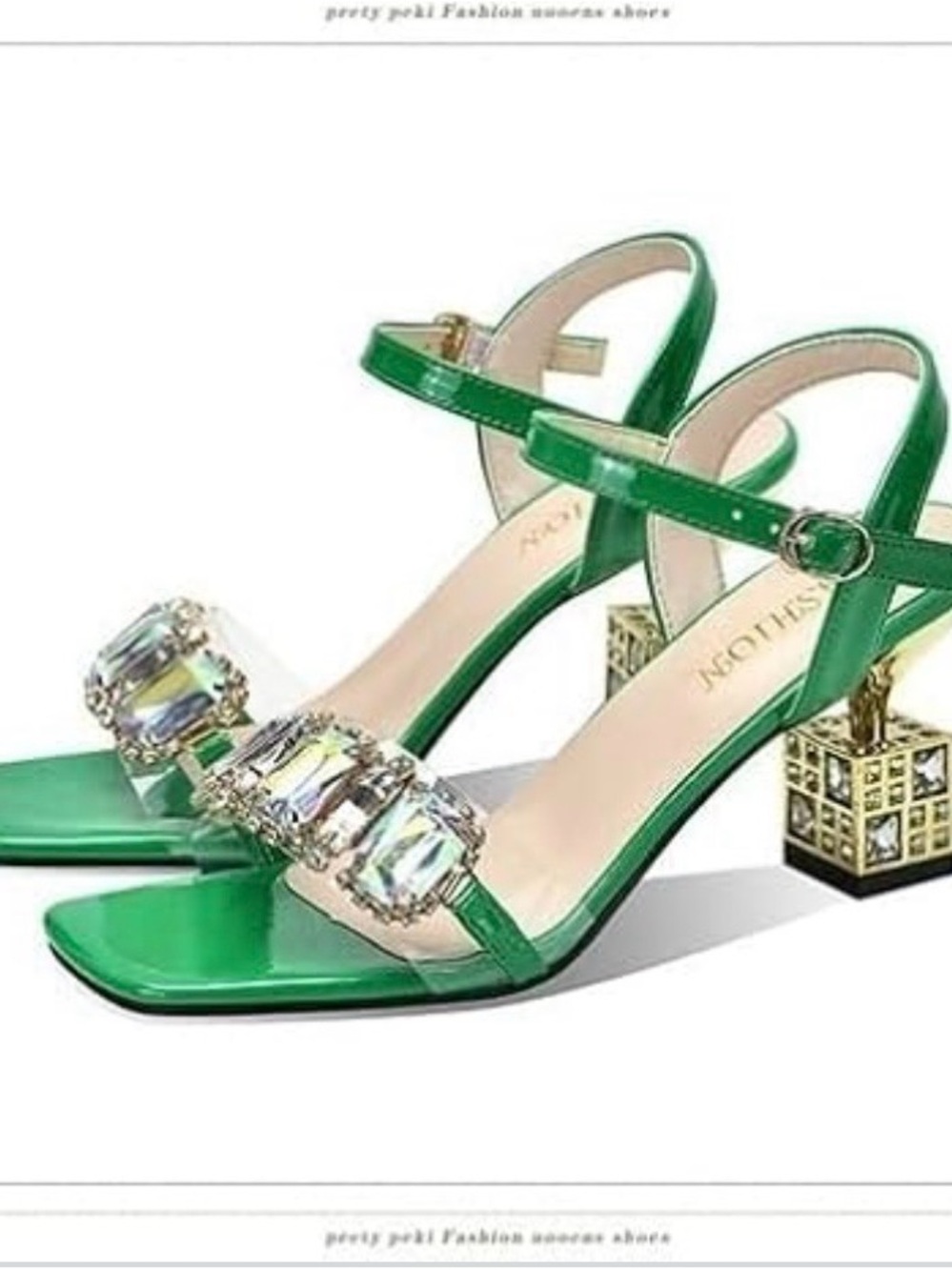 Green Crystal-Embellished Block Heel Sandals